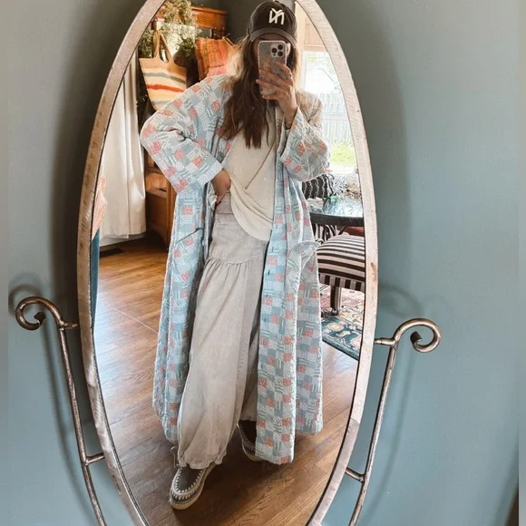 Vintage handmade patchwork Quilted duster Maxi swing coat Jacket sz S-L - Picture 1 of 16